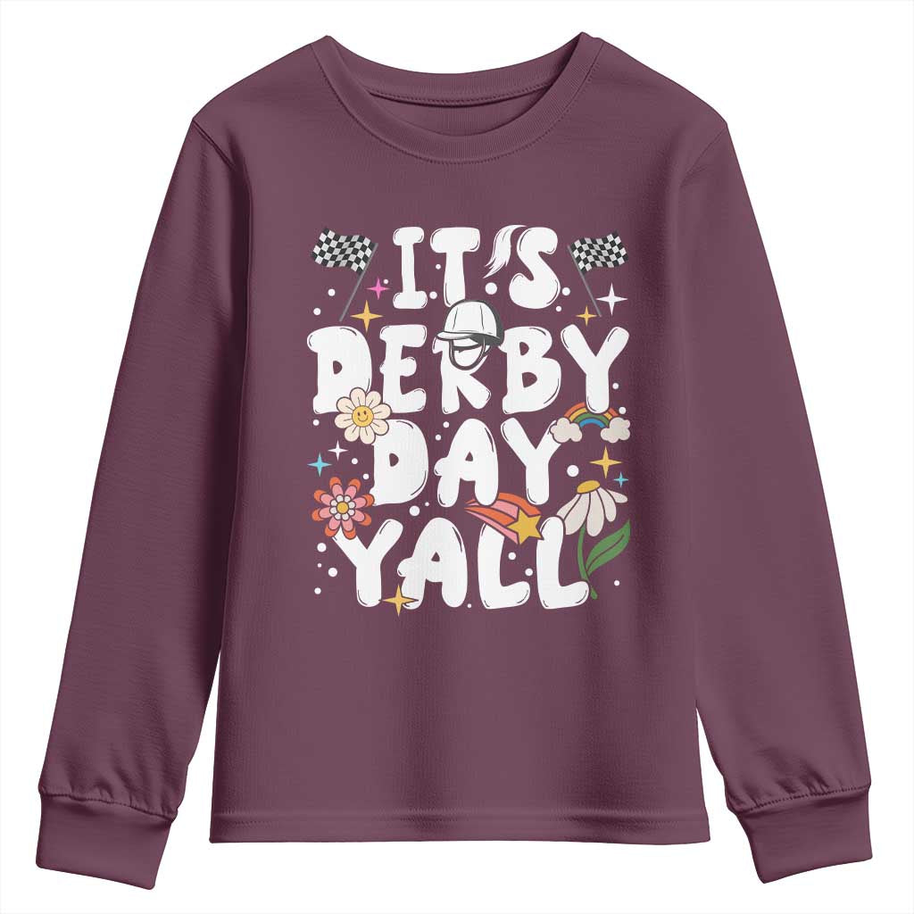 It's Derby Day Y'All Youth Sweatshirt Retro Groovy KY Horse Racing TS02 Maroon Print Your Wear