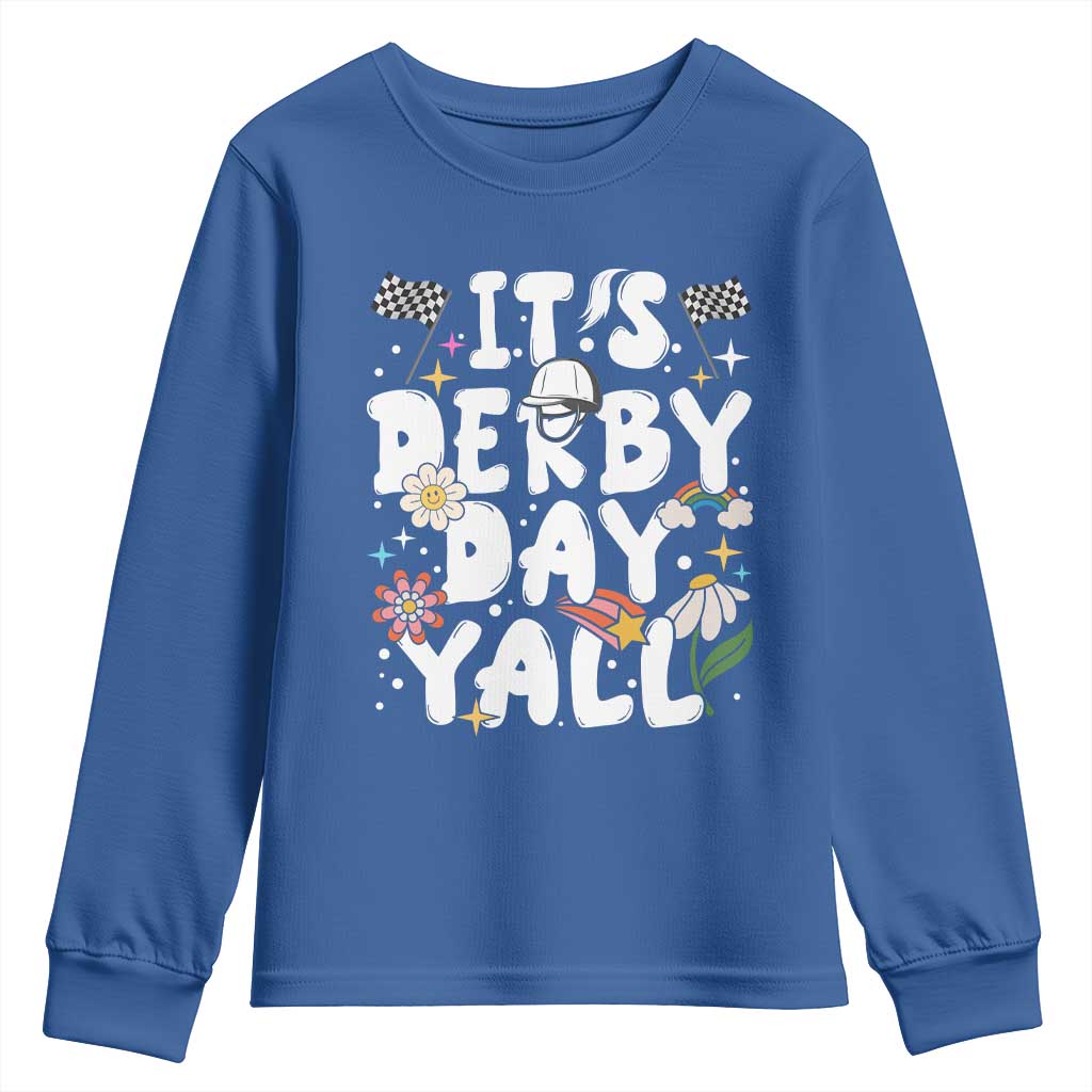 It's Derby Day Y'All Youth Sweatshirt Retro Groovy KY Horse Racing TS02 Royal Blue Print Your Wear