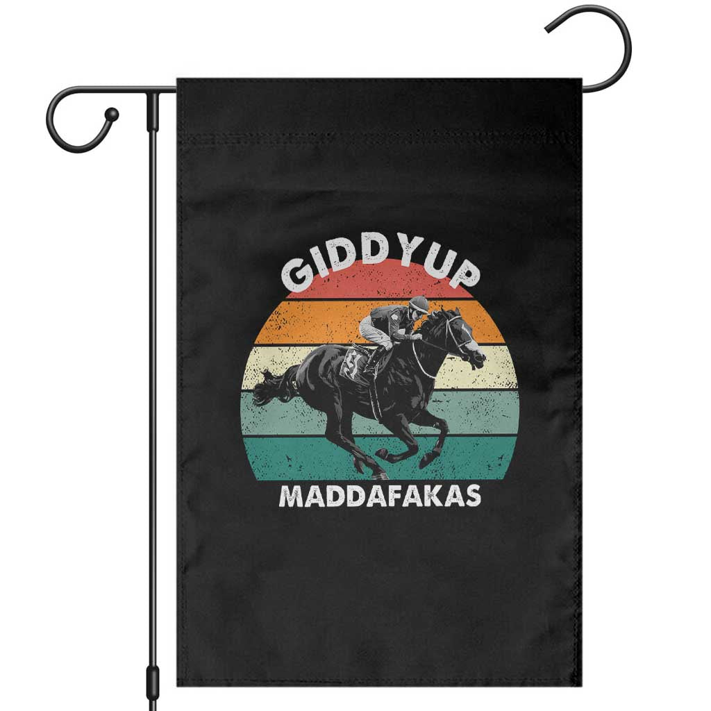 Giddy Up Madafakas Retro Sunset Horse Racing Garden Flag Funny Sarcastic Equestrian Jockey Vintage 70s TS02 Black Print Your Wear