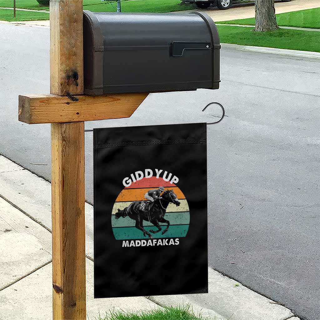 Giddy Up Madafakas Retro Sunset Horse Racing Garden Flag Funny Sarcastic Equestrian Jockey Vintage 70s TS02 Print Your Wear