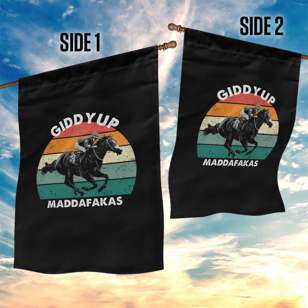 Giddy Up Madafakas Retro Sunset Horse Racing Garden Flag Funny Sarcastic Equestrian Jockey Vintage 70s TS02 Print Your Wear