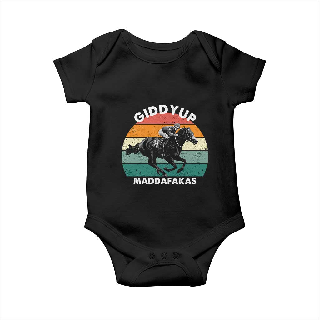 Giddy Up Madafakas Retro Sunset Horse Racing Baby Onesie Funny Sarcastic Equestrian Jockey Vintage 70s TS02 Black Print Your Wear