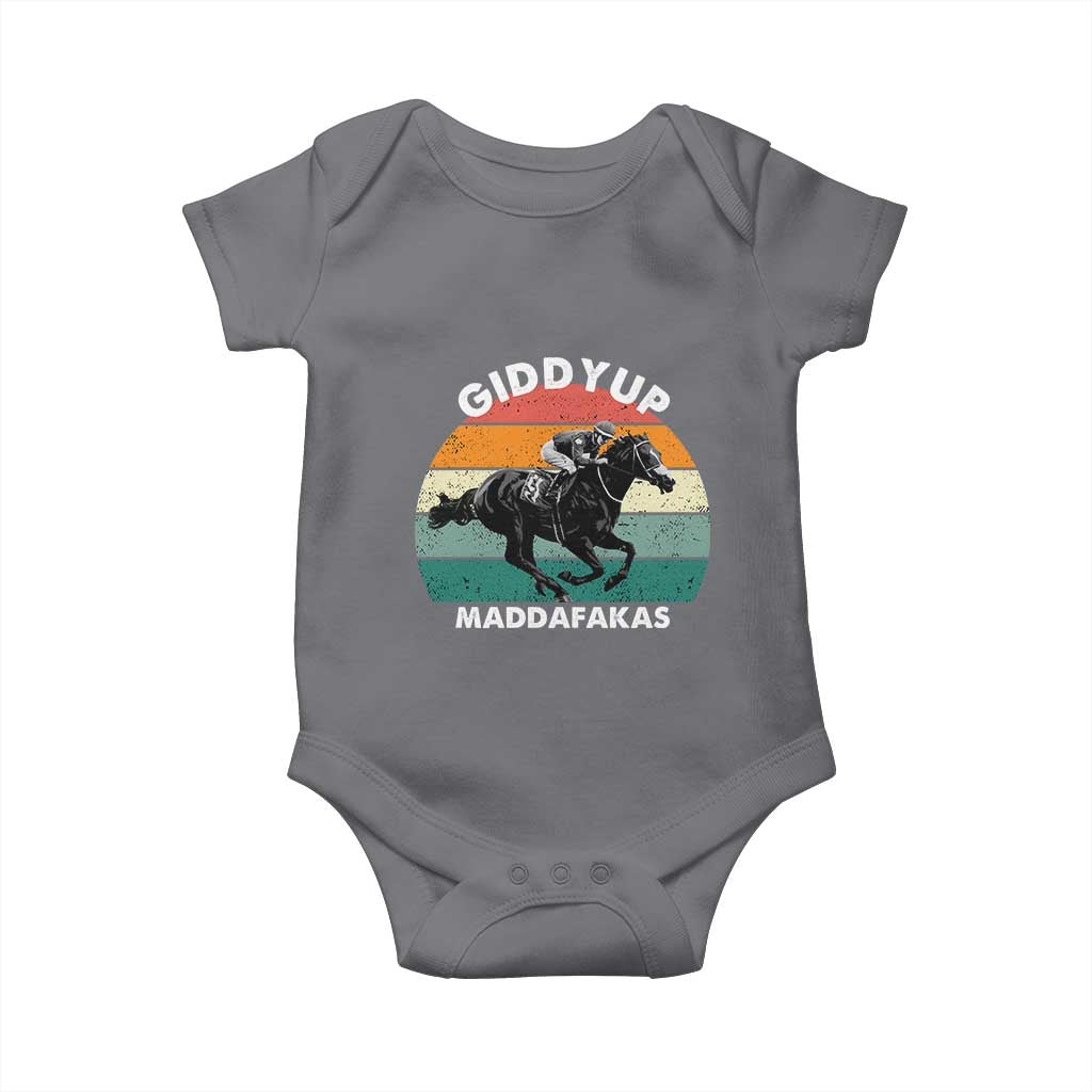Giddy Up Madafakas Retro Sunset Horse Racing Baby Onesie Funny Sarcastic Equestrian Jockey Vintage 70s TS02 Charcoal Print Your Wear