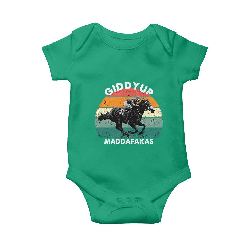 Giddy Up Madafakas Retro Sunset Horse Racing Baby Onesie Funny Sarcastic Equestrian Jockey Vintage 70s TS02 Irish Green Print Your Wear