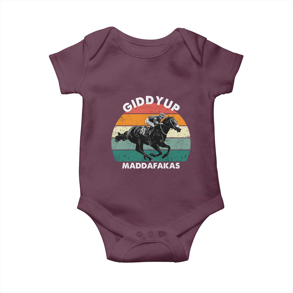 Giddy Up Madafakas Retro Sunset Horse Racing Baby Onesie Funny Sarcastic Equestrian Jockey Vintage 70s TS02 Maroon Print Your Wear