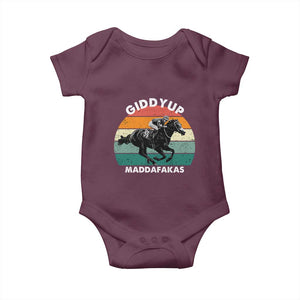 Giddy Up Madafakas Retro Sunset Horse Racing Baby Onesie Funny Sarcastic Equestrian Jockey Vintage 70s TS02 Maroon Print Your Wear