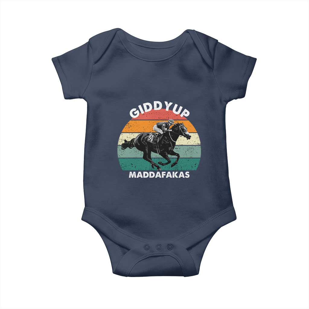 Giddy Up Madafakas Retro Sunset Horse Racing Baby Onesie Funny Sarcastic Equestrian Jockey Vintage 70s TS02 Navy Print Your Wear