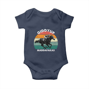 Giddy Up Madafakas Retro Sunset Horse Racing Baby Onesie Funny Sarcastic Equestrian Jockey Vintage 70s TS02 Navy Print Your Wear