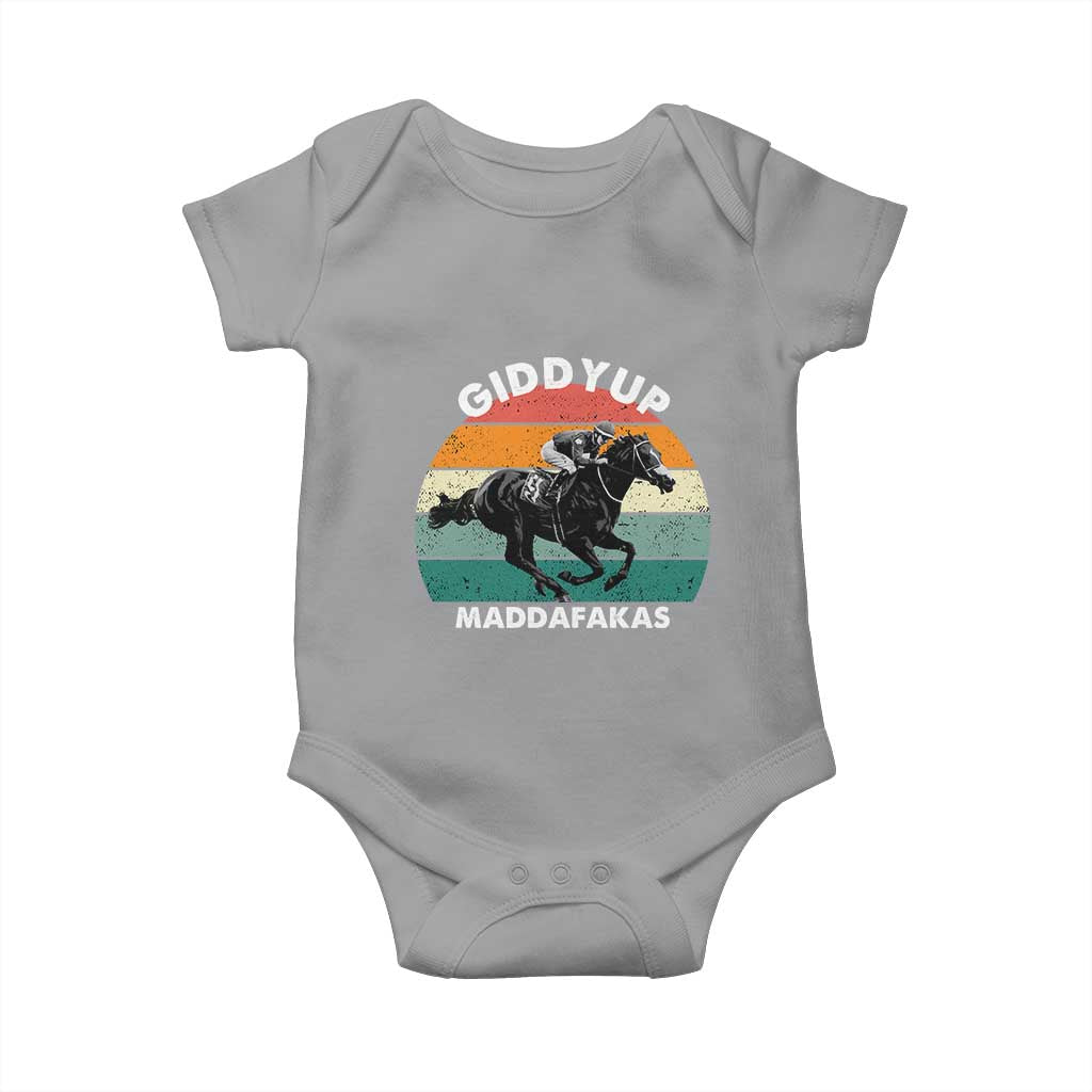 Giddy Up Madafakas Retro Sunset Horse Racing Baby Onesie Funny Sarcastic Equestrian Jockey Vintage 70s TS02 Sport Gray Print Your Wear