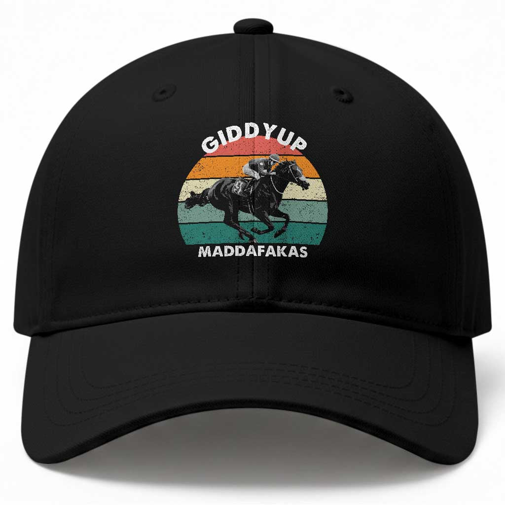 Giddy Up Madafakas Retro Sunset Horse Racing Baseball Cap Funny Sarcastic Equestrian Jockey Vintage 70s TS02 Print Your Wear