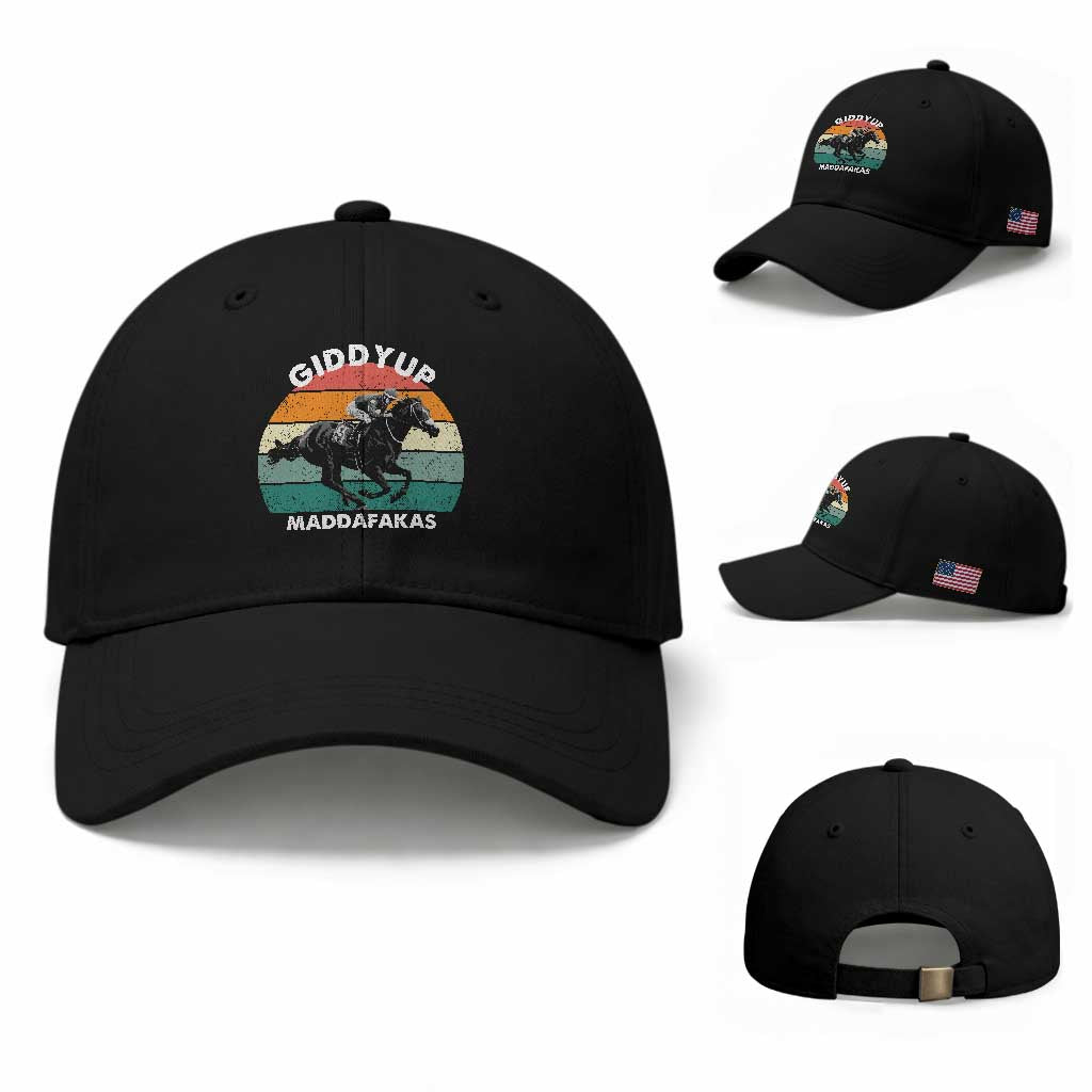 Giddy Up Madafakas Retro Sunset Horse Racing Baseball Cap Funny Sarcastic Equestrian Jockey Vintage 70s TS02 Baseball Cap Universal Fit Black Print Your Wear