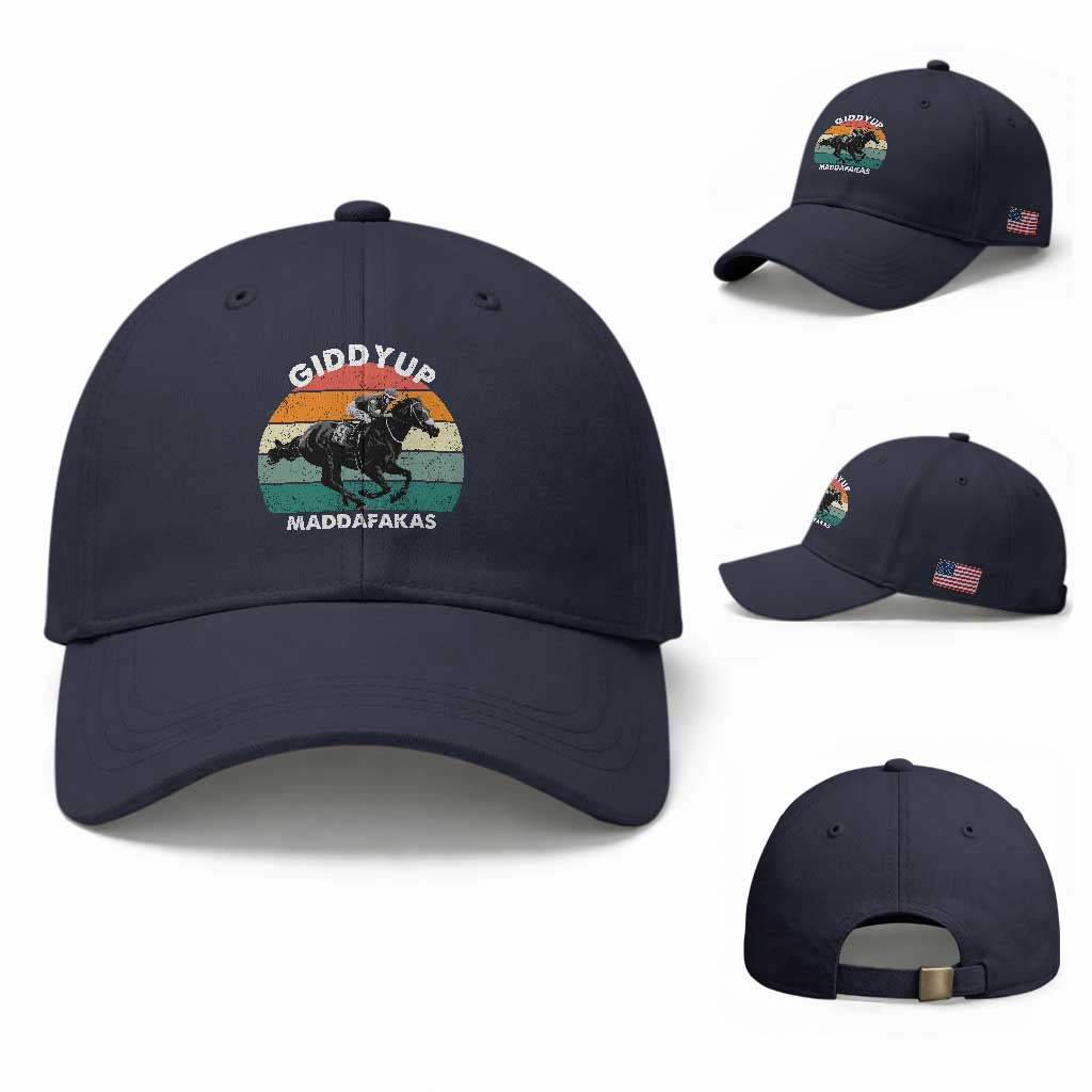 Giddy Up Madafakas Retro Sunset Horse Racing Baseball Cap Funny Sarcastic Equestrian Jockey Vintage 70s TS02 Baseball Cap Universal Fit Navy Print Your Wear