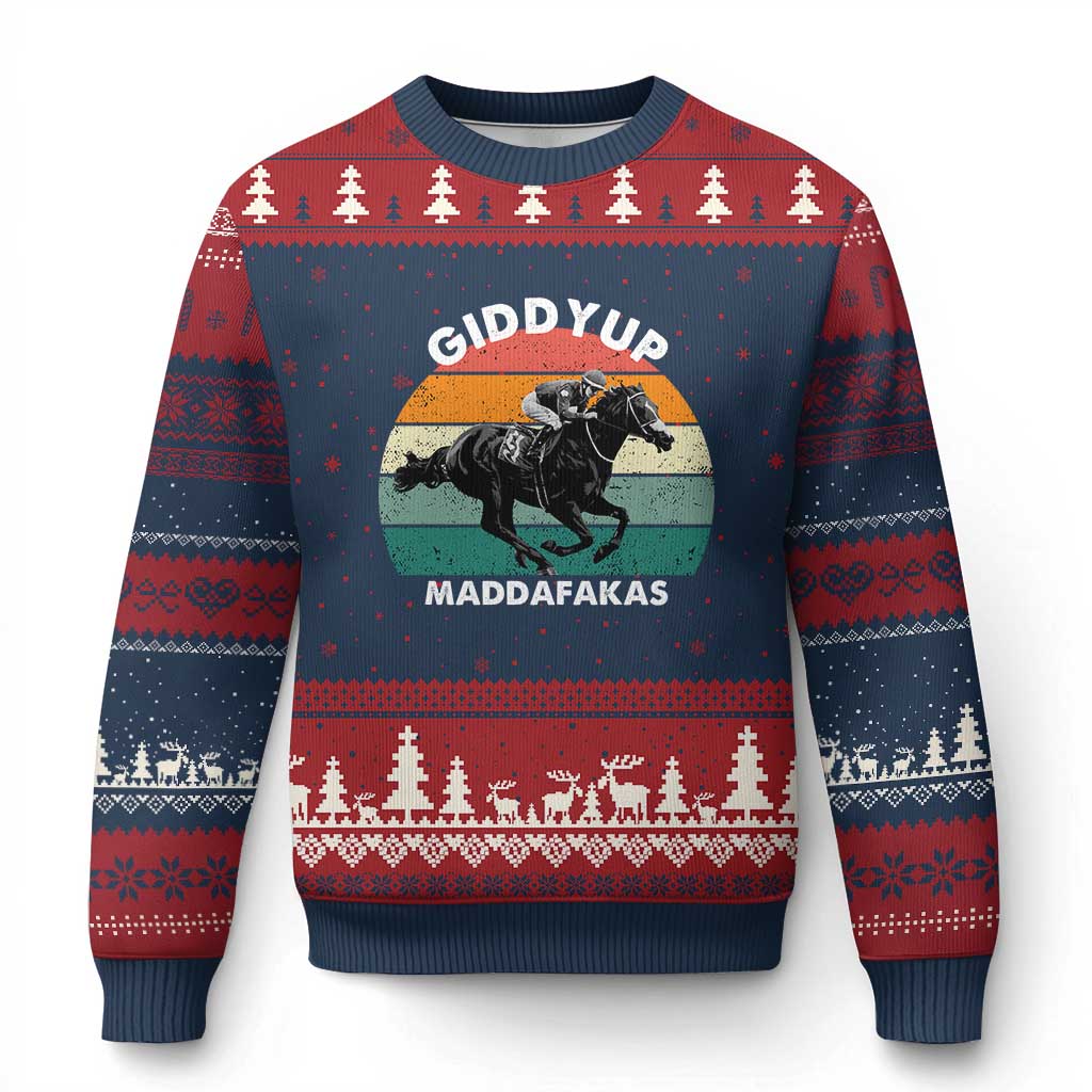 Giddy Up Madafakas Retro Sunset Horse Racing Ugly Christmas Sweater Funny Sarcastic Equestrian Jockey Vintage 70s TS02 Navy Red Print Your Wear
