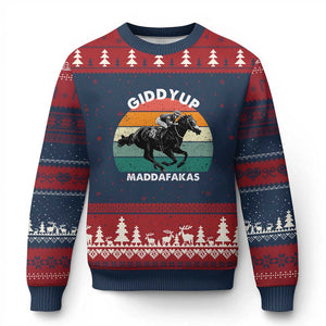 Giddy Up Madafakas Retro Sunset Horse Racing Ugly Christmas Sweater Funny Sarcastic Equestrian Jockey Vintage 70s TS02 Navy Red Print Your Wear
