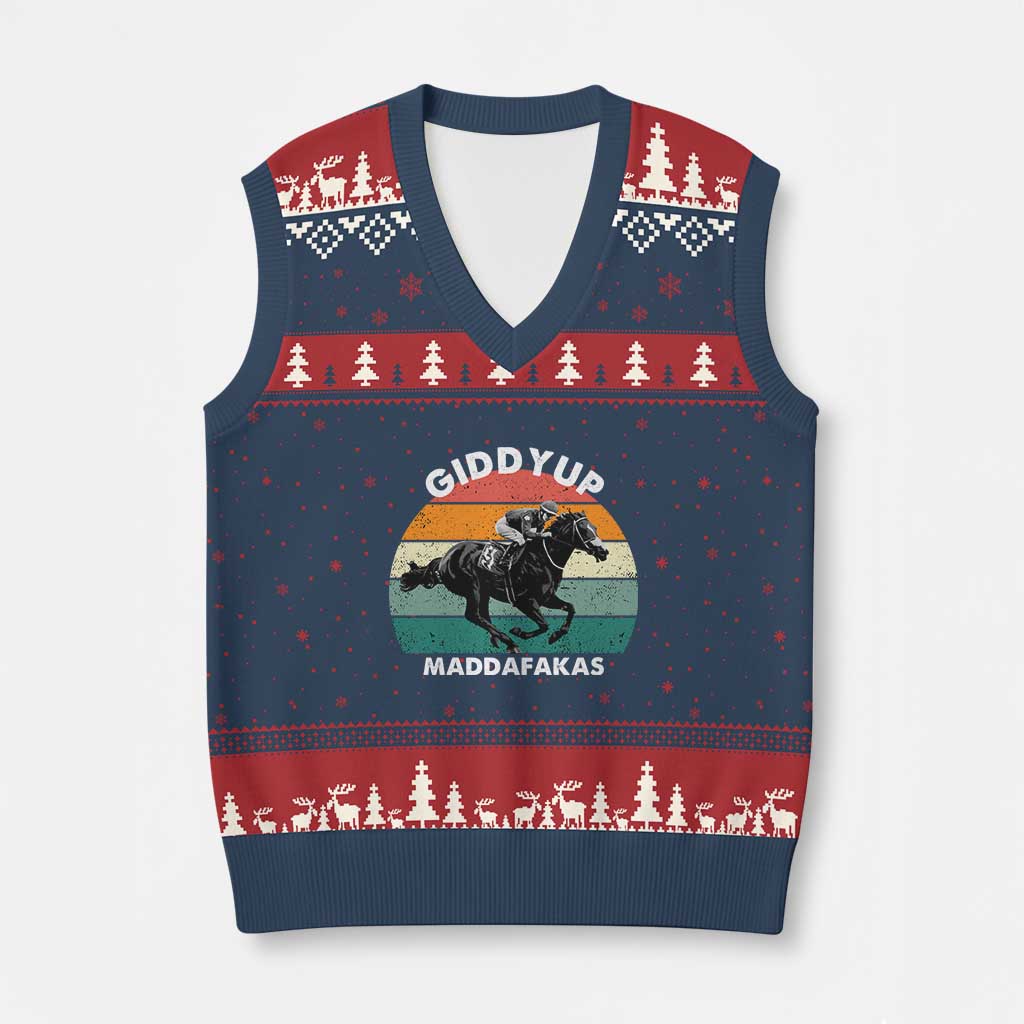 Giddy Up Madafakas Retro Sunset Horse Racing V-Neck Knit Sweater Vest Funny Sarcastic Equestrian Jockey Vintage 70s TS02 Navy Red Print Your Wear