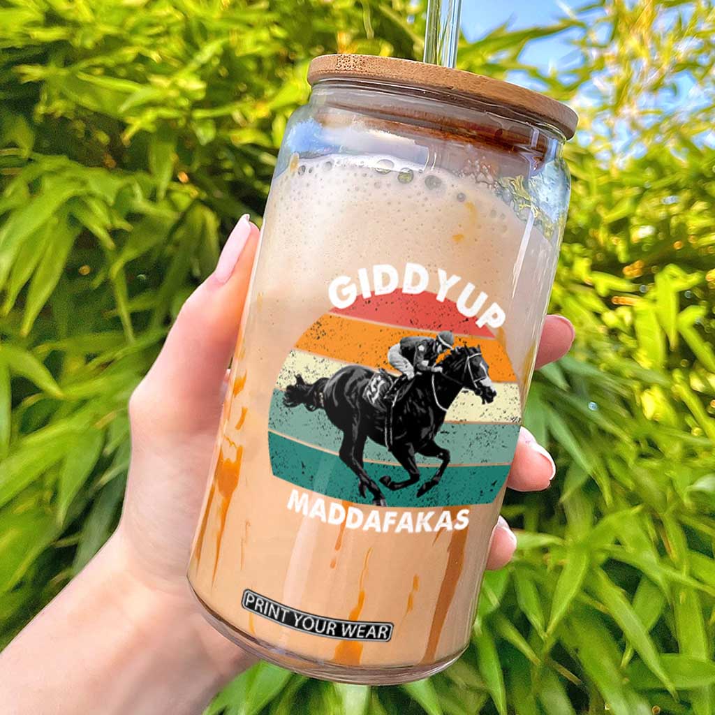 Giddy Up Madafakas Retro Sunset Horse Racing Glass Can Funny Sarcastic Equestrian Jockey Vintage 70s TS02 Black Print Your Wear