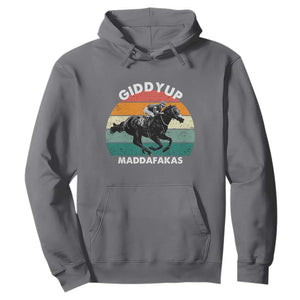 Giddy Up Madafakas Retro Sunset Horse Racing Hoodie Funny Sarcastic Equestrian Jockey Vintage 70s TS02 Charcoal Print Your Wear