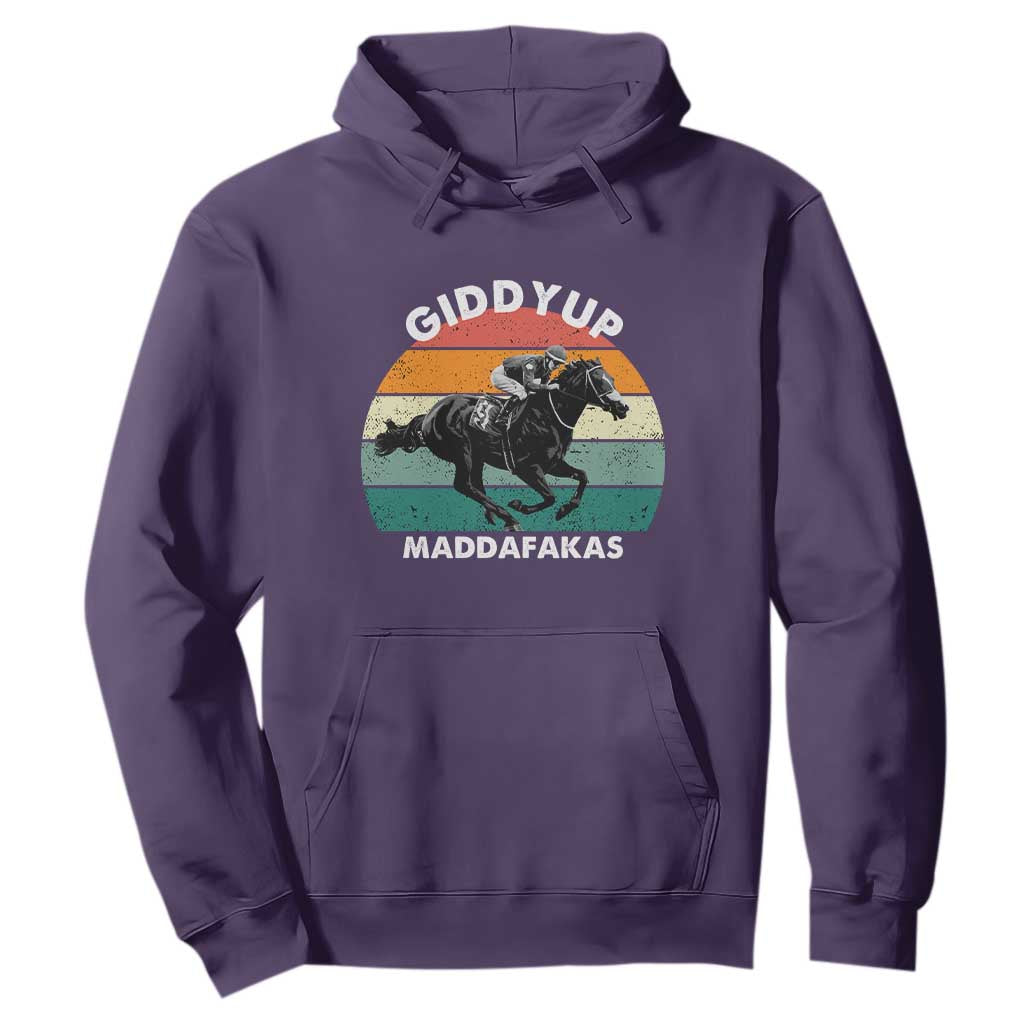 Giddy Up Madafakas Retro Sunset Horse Racing Hoodie Funny Sarcastic Equestrian Jockey Vintage 70s TS02 Purple Print Your Wear