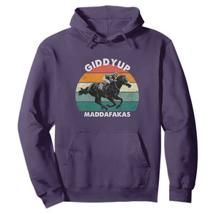 Giddy Up Madafakas Retro Sunset Horse Racing Hoodie Funny Sarcastic Equestrian Jockey Vintage 70s TS02 Purple Print Your Wear