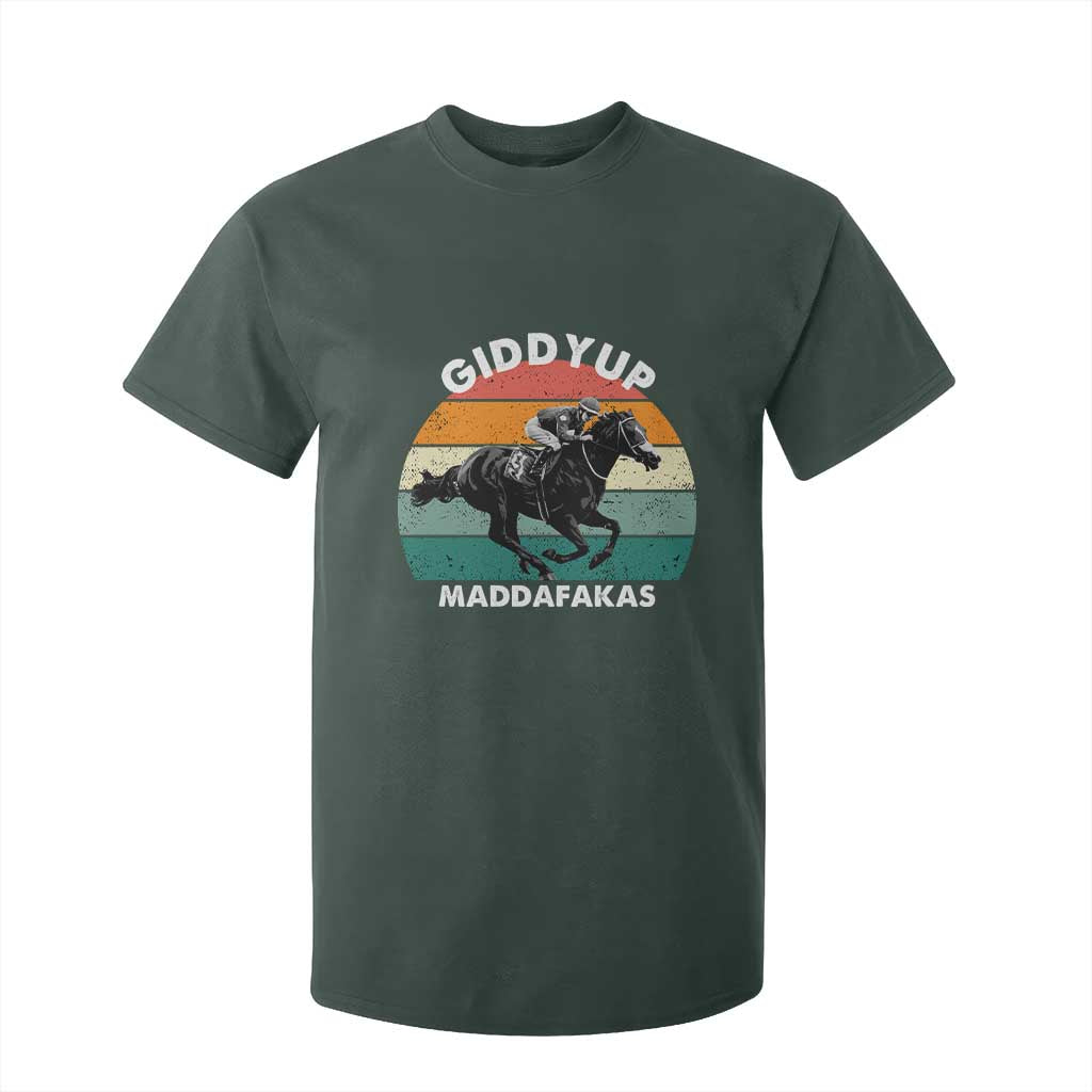 Giddy Up Madafakas Retro Sunset Horse Racing T Shirt For Kid Funny Sarcastic Equestrian Jockey Vintage 70s TS02 Dark Forest Green Print Your Wear