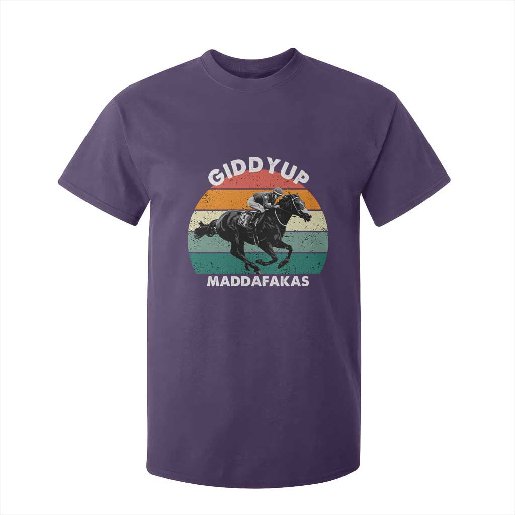 Giddy Up Madafakas Retro Sunset Horse Racing T Shirt For Kid Funny Sarcastic Equestrian Jockey Vintage 70s TS02 Purple Print Your Wear