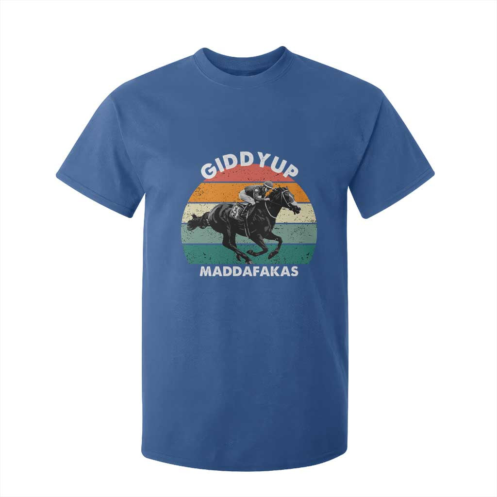 Giddy Up Madafakas Retro Sunset Horse Racing T Shirt For Kid Funny Sarcastic Equestrian Jockey Vintage 70s TS02 Royal Blue Print Your Wear