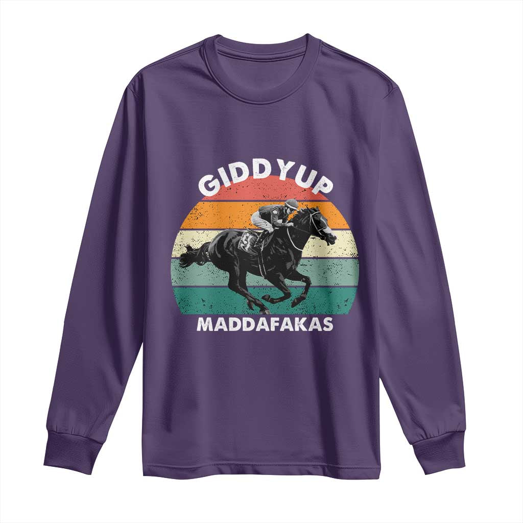 Giddy Up Madafakas Retro Sunset Horse Racing Long Sleeve Shirt Funny Sarcastic Equestrian Jockey Vintage 70s TS02 Purple Print Your Wear