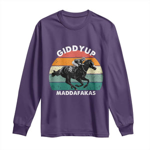 Giddy Up Madafakas Retro Sunset Horse Racing Long Sleeve Shirt Funny Sarcastic Equestrian Jockey Vintage 70s TS02 Purple Print Your Wear