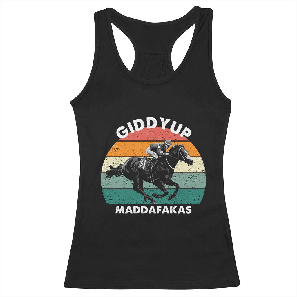 Giddy Up Madafakas Retro Sunset Horse Racing Racerback Tank Top Funny Sarcastic Equestrian Jockey Vintage 70s TS02 Black Print Your Wear