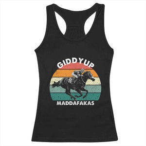 Giddy Up Madafakas Retro Sunset Horse Racing Racerback Tank Top Funny Sarcastic Equestrian Jockey Vintage 70s TS02 Black Print Your Wear