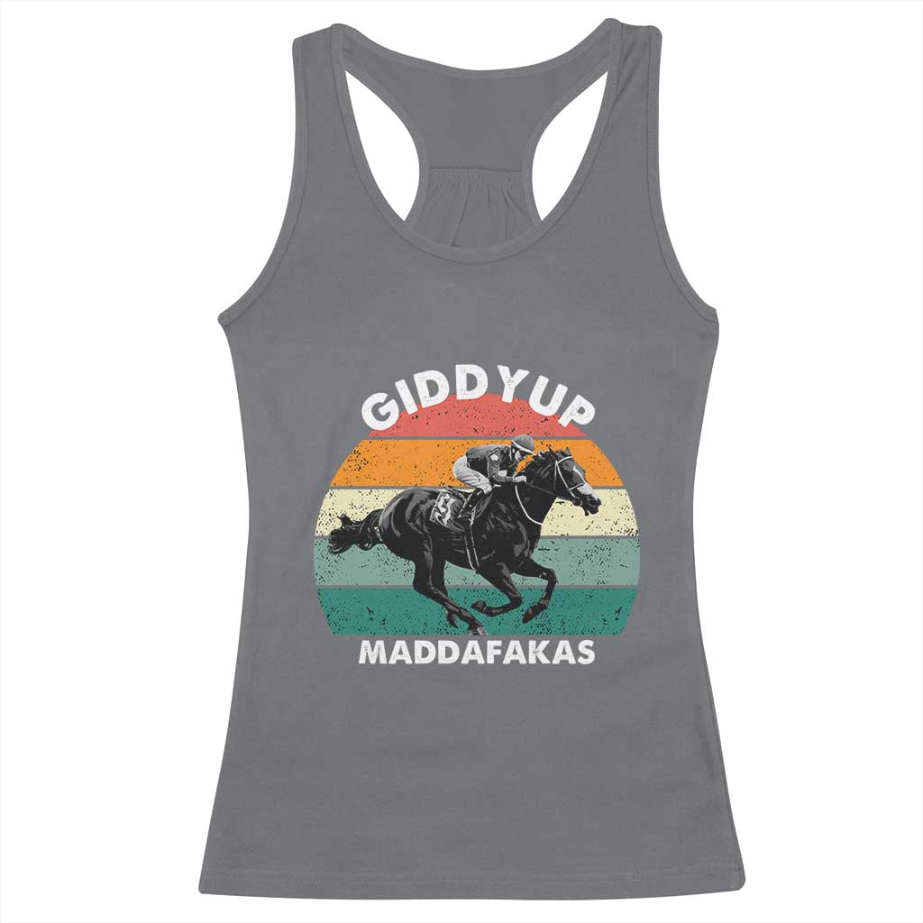 Giddy Up Madafakas Retro Sunset Horse Racing Racerback Tank Top Funny Sarcastic Equestrian Jockey Vintage 70s TS02 Charcoal Print Your Wear