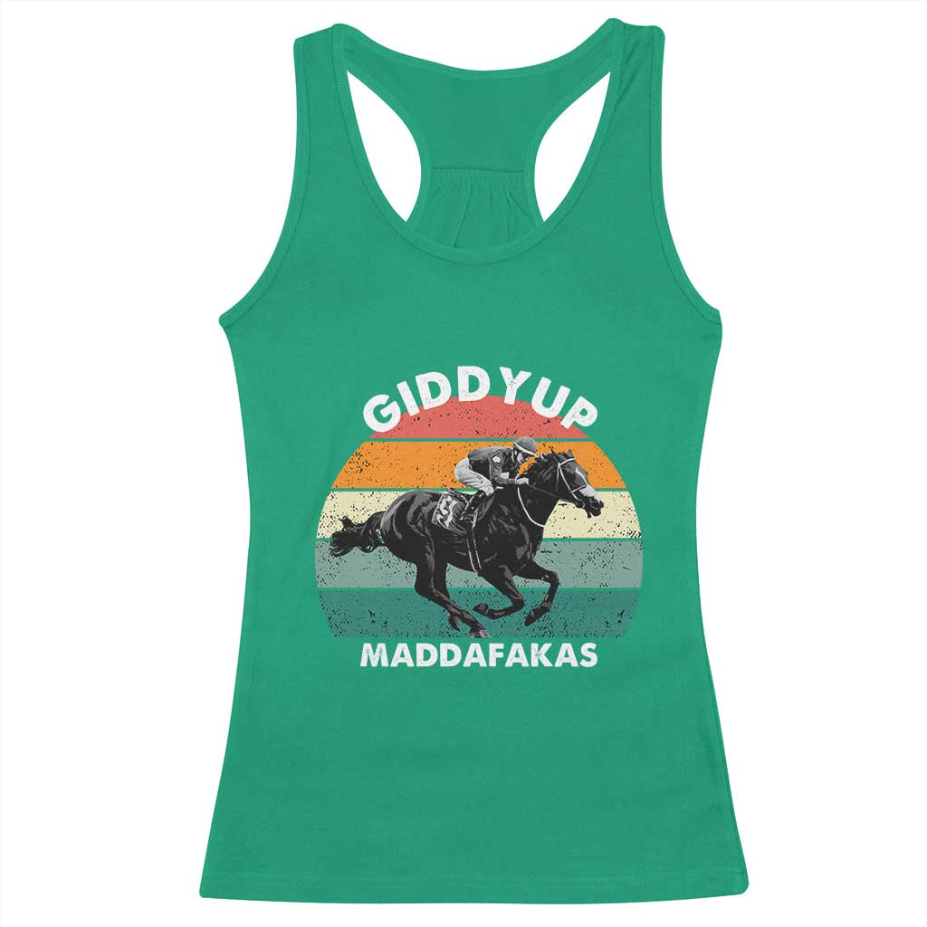 Giddy Up Madafakas Retro Sunset Horse Racing Racerback Tank Top Funny Sarcastic Equestrian Jockey Vintage 70s TS02 Irish Green Print Your Wear