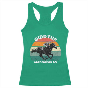 Giddy Up Madafakas Retro Sunset Horse Racing Racerback Tank Top Funny Sarcastic Equestrian Jockey Vintage 70s TS02 Irish Green Print Your Wear