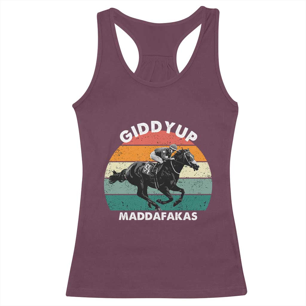 Giddy Up Madafakas Retro Sunset Horse Racing Racerback Tank Top Funny Sarcastic Equestrian Jockey Vintage 70s TS02 Maroon Print Your Wear