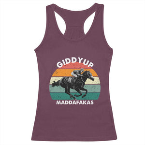 Giddy Up Madafakas Retro Sunset Horse Racing Racerback Tank Top Funny Sarcastic Equestrian Jockey Vintage 70s TS02 Maroon Print Your Wear