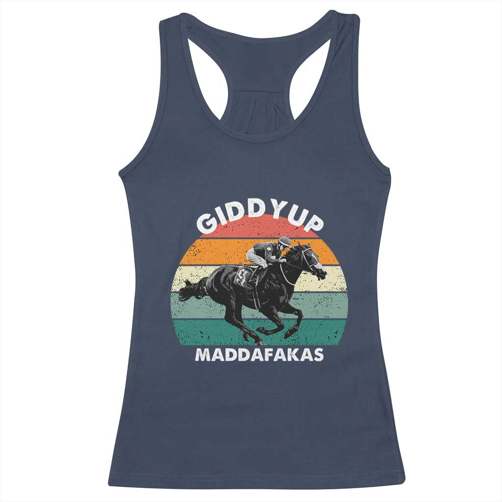 Giddy Up Madafakas Retro Sunset Horse Racing Racerback Tank Top Funny Sarcastic Equestrian Jockey Vintage 70s TS02 Navy Print Your Wear