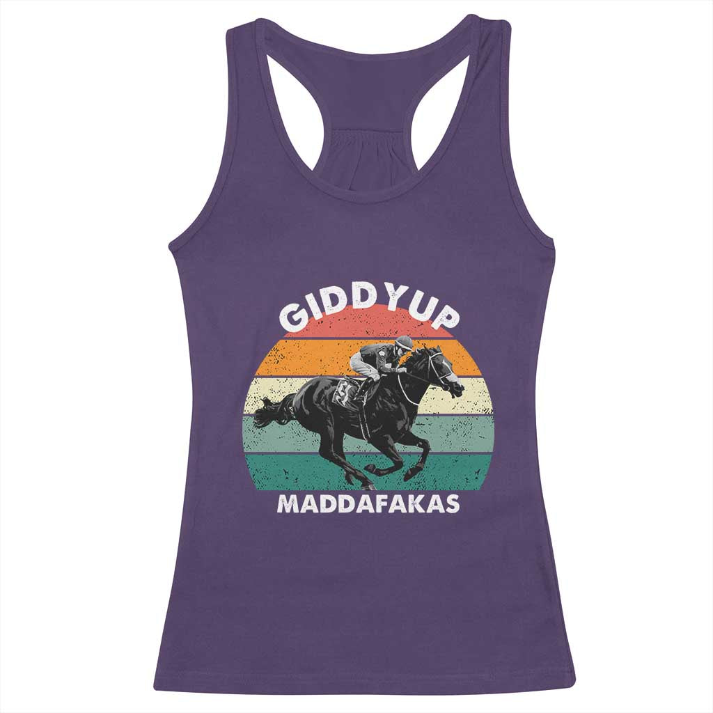 Giddy Up Madafakas Retro Sunset Horse Racing Racerback Tank Top Funny Sarcastic Equestrian Jockey Vintage 70s TS02 Purple Print Your Wear