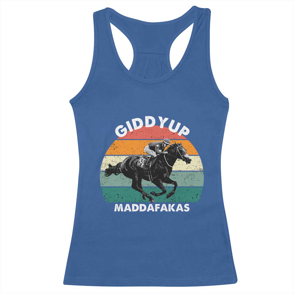 Giddy Up Madafakas Retro Sunset Horse Racing Racerback Tank Top Funny Sarcastic Equestrian Jockey Vintage 70s TS02 Royal Blue Print Your Wear