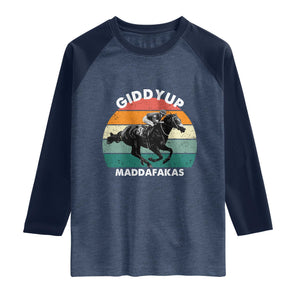 Giddy Up Madafakas Retro Sunset Horse Racing Raglan Shirt Funny Sarcastic Equestrian Jockey Vintage 70s TS02 Heather Denim Navy Print Your Wear
