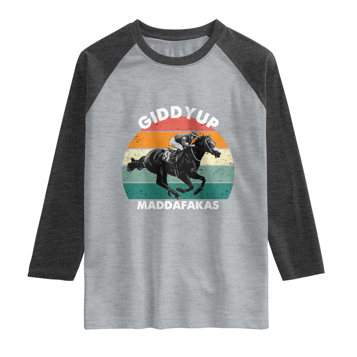 Giddy Up Madafakas Retro Sunset Horse Racing Raglan Shirt Funny Sarcastic Equestrian Jockey Vintage 70s TS02 Heather Gray Heather Charcoal Print Your Wear