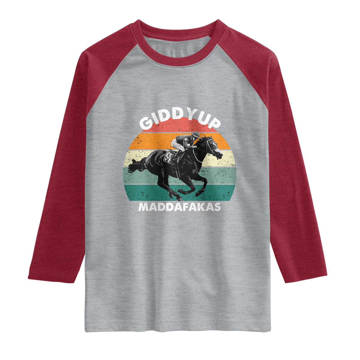 Giddy Up Madafakas Retro Sunset Horse Racing Raglan Shirt Funny Sarcastic Equestrian Jockey Vintage 70s TS02 Heather Gray Heather Red Print Your Wear