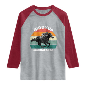 Giddy Up Madafakas Retro Sunset Horse Racing Raglan Shirt Funny Sarcastic Equestrian Jockey Vintage 70s TS02 Heather Gray Heather Red Print Your Wear