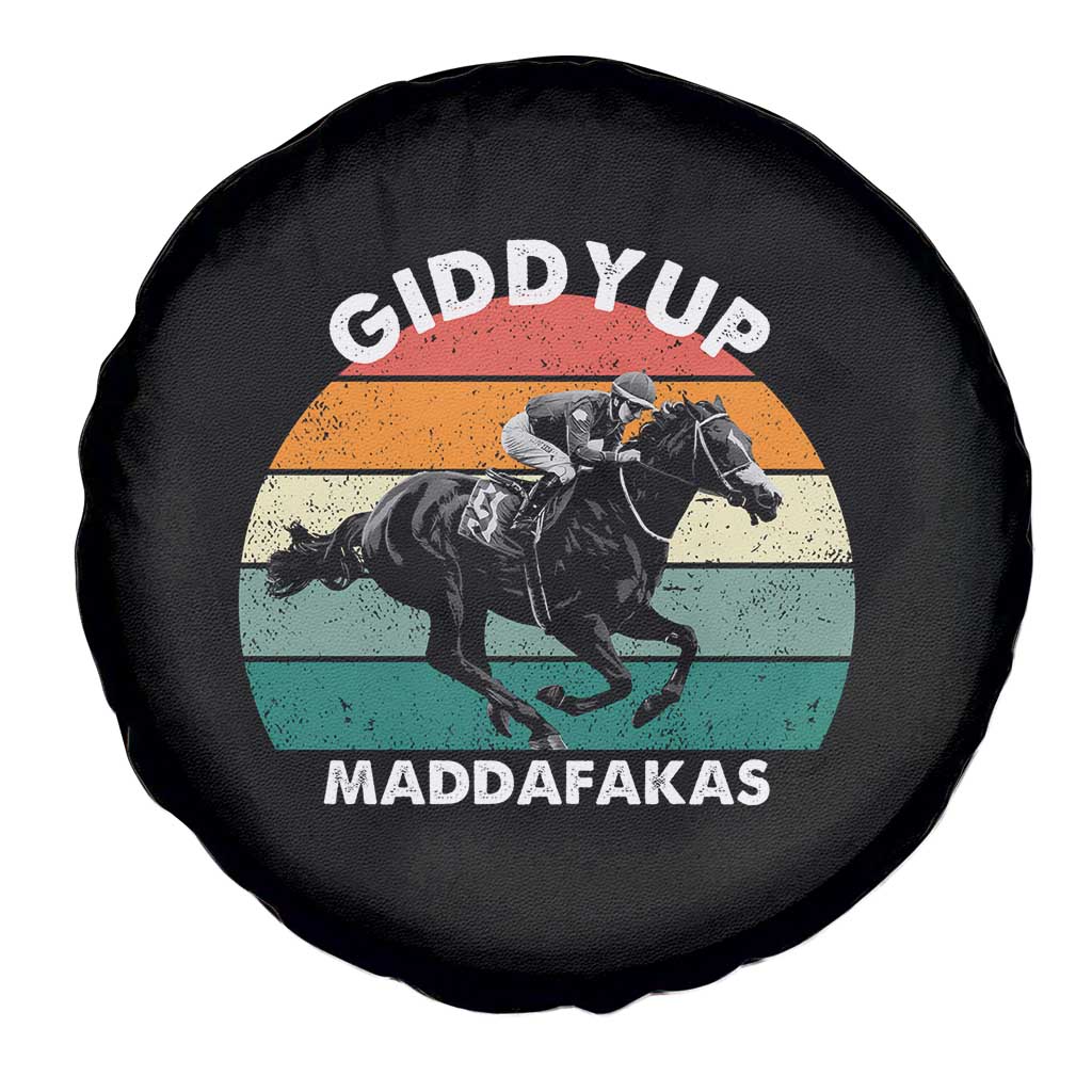 Giddy Up Madafakas Retro Sunset Horse Racing Spare Tire Cover Funny Sarcastic Equestrian Jockey Vintage 70s TS02 Print Your Wear