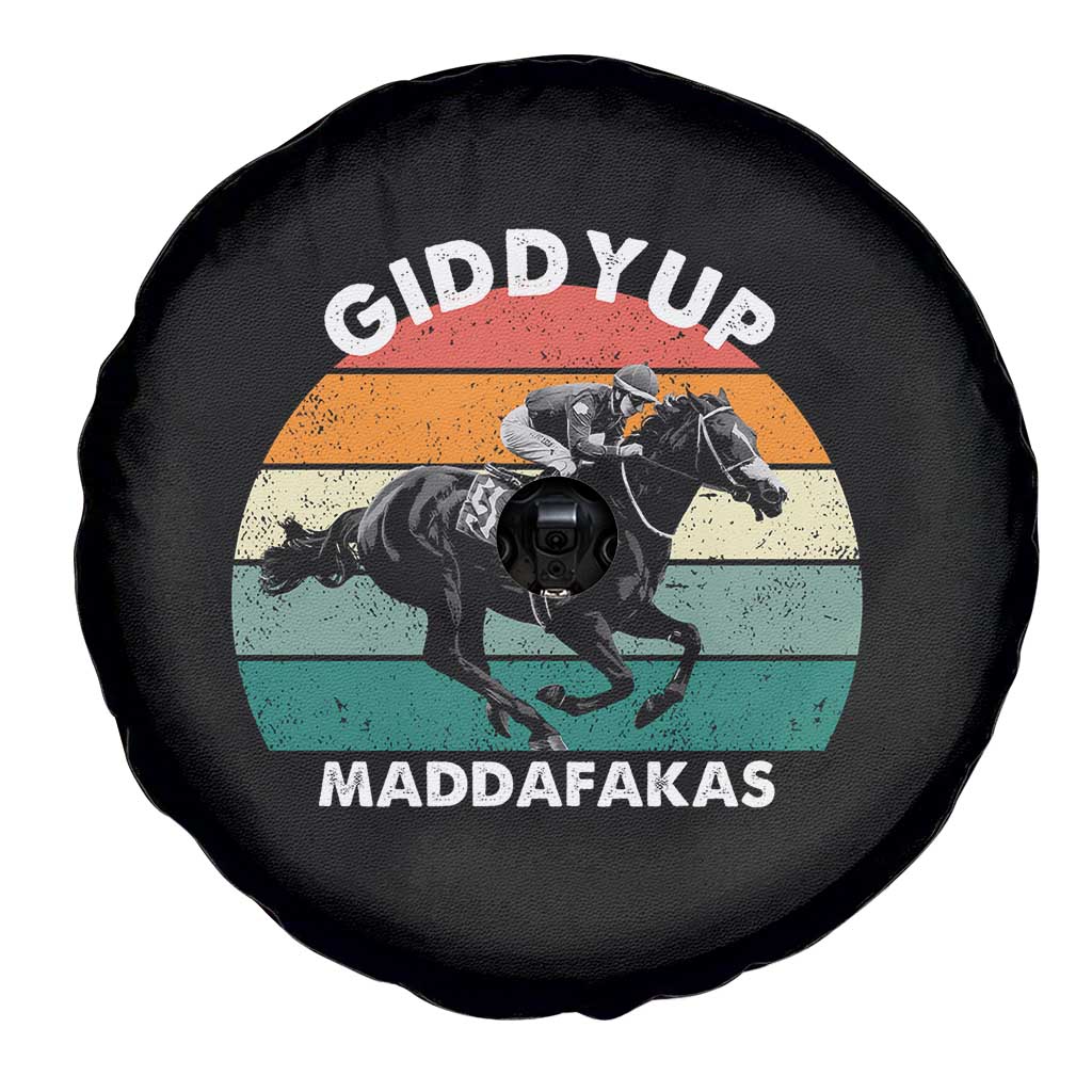 Giddy Up Madafakas Retro Sunset Horse Racing Spare Tire Cover Funny Sarcastic Equestrian Jockey Vintage 70s TS02 Print Your Wear