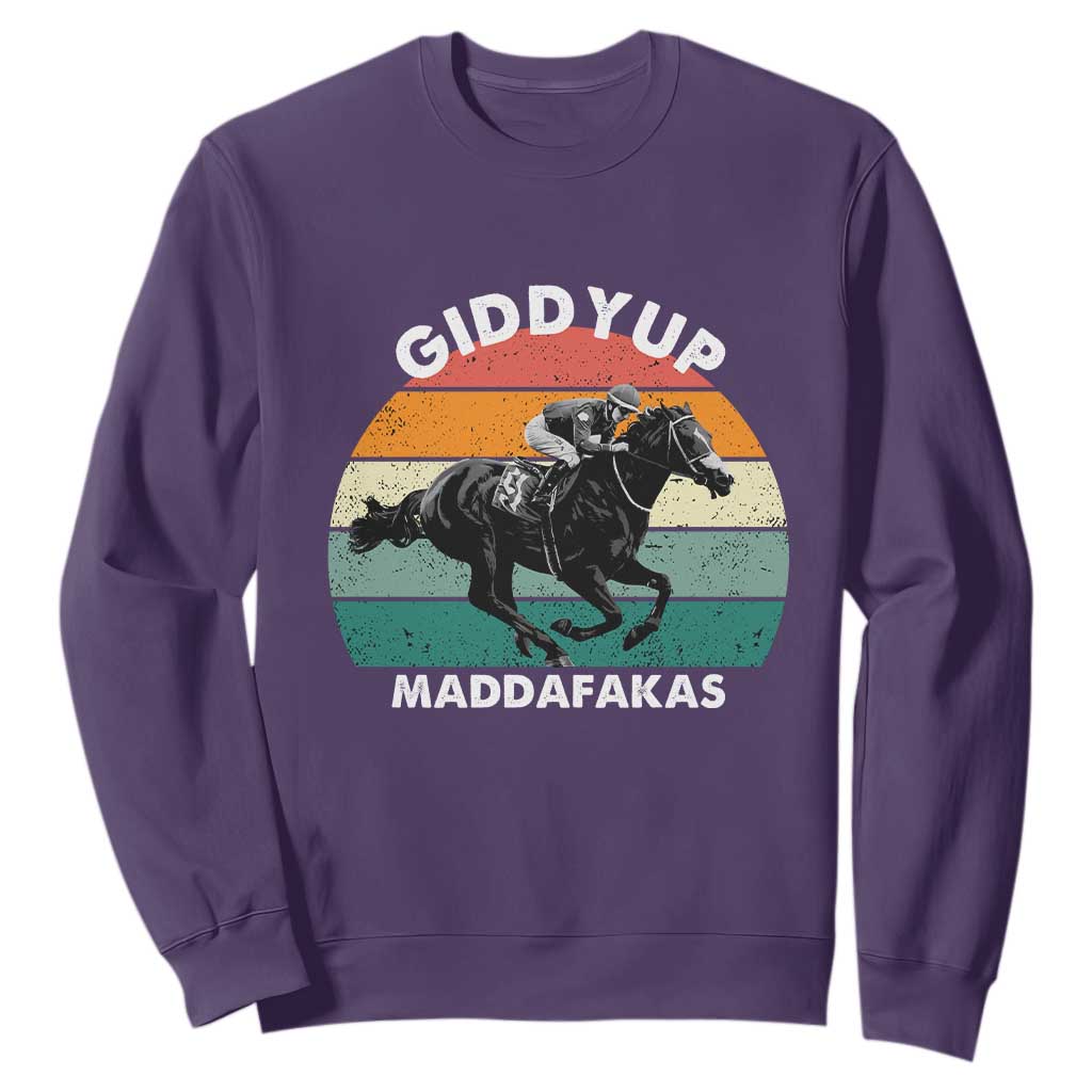 Giddy Up Madafakas Retro Sunset Horse Racing Sweatshirt Funny Sarcastic Equestrian Jockey Vintage 70s TS02 Purple Print Your Wear