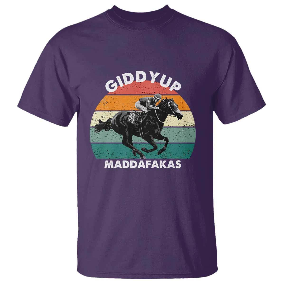 Giddy Up Madafakas Retro Sunset Horse Racing T Shirt Funny Sarcastic Equestrian Jockey Vintage 70s TS02 Purple Print Your Wear