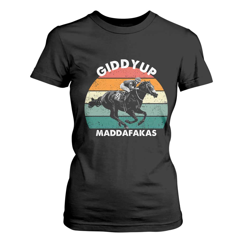 Giddy Up Madafakas Retro Sunset Horse Racing T Shirt For Women Funny Sarcastic Equestrian Jockey Vintage 70s TS02 Black Print Your Wear