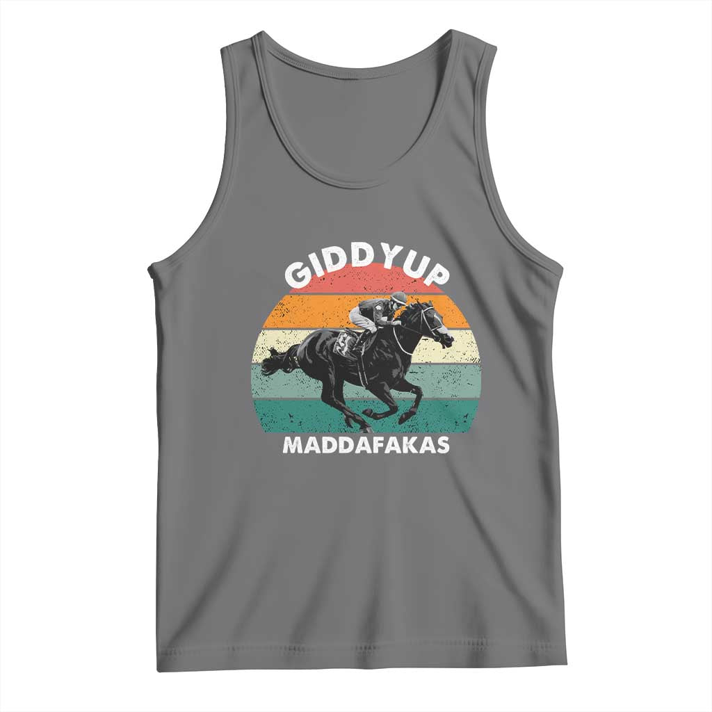 Giddy Up Madafakas Retro Sunset Horse Racing Tank Top Funny Sarcastic Equestrian Jockey Vintage 70s TS02 Black Heather Print Your Wear