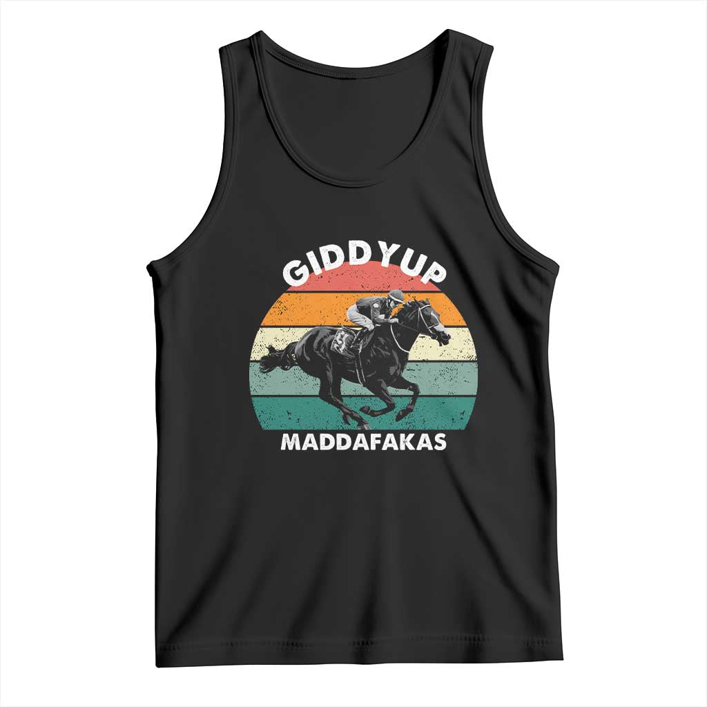 Giddy Up Madafakas Retro Sunset Horse Racing Tank Top Funny Sarcastic Equestrian Jockey Vintage 70s TS02 Black Print Your Wear