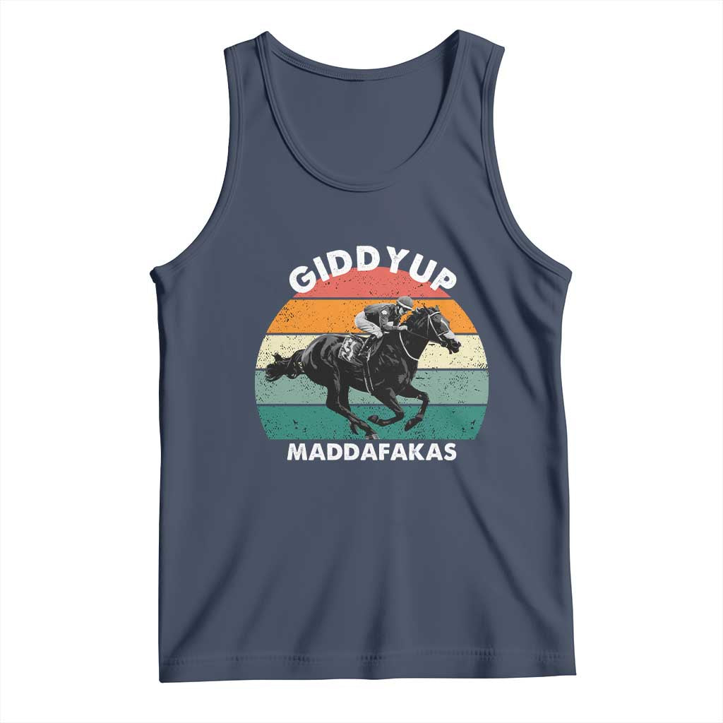 Giddy Up Madafakas Retro Sunset Horse Racing Tank Top Funny Sarcastic Equestrian Jockey Vintage 70s TS02 Navy Print Your Wear